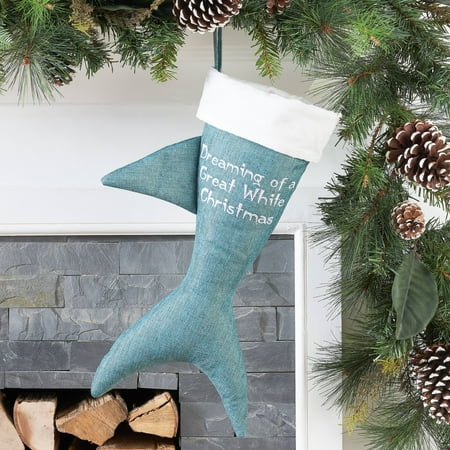 Great White Shark Shaped Teal Canvas Christmas Stocking 20/" New